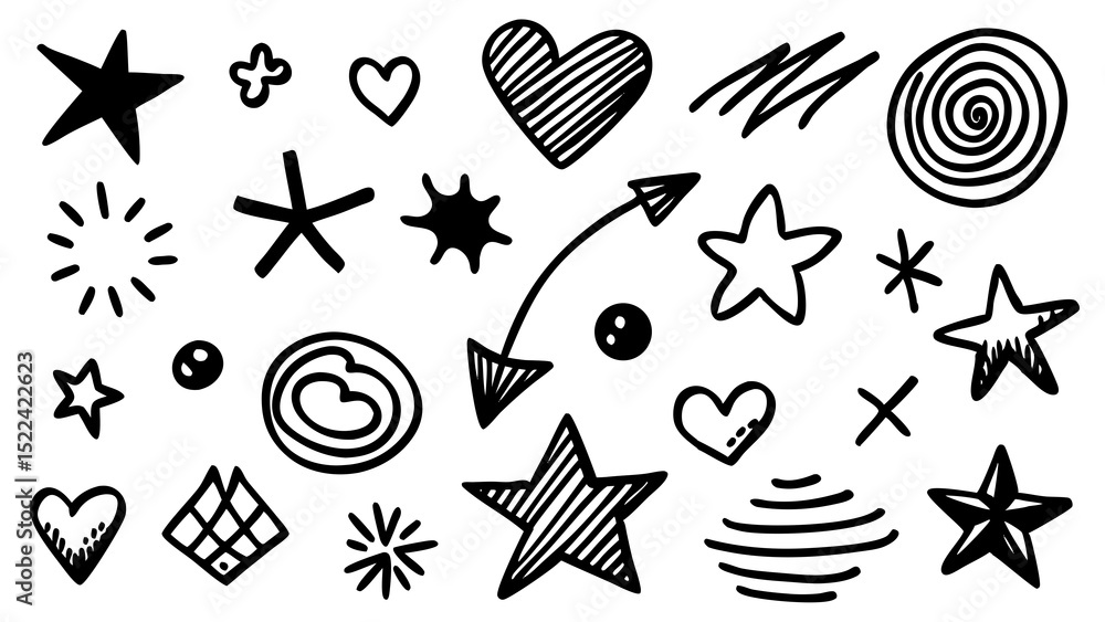 Poster hand-drawn doodle collection featuring various shapes and elements including stars hearts arrows and