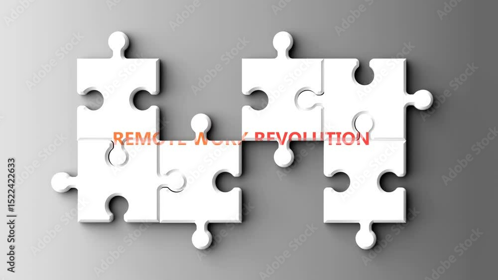 Poster Remote Work Revolution as a complex topic - pictured as word remote work revolution on a puzzle pieces to show that remote work revolution is a composite subject. Solving a puzzle.