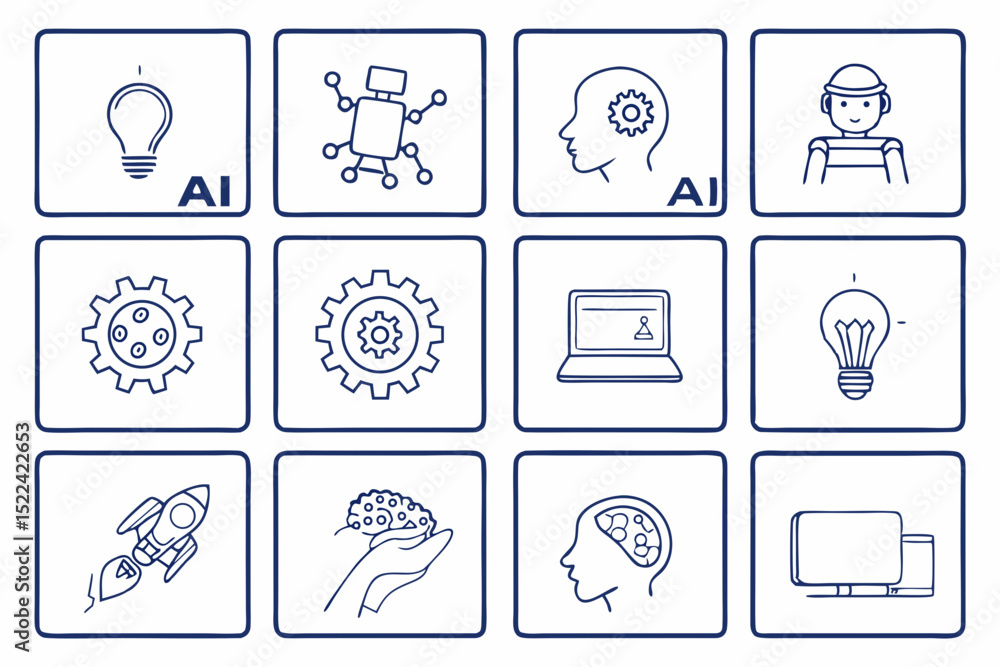Poster illustrated icons representing artificial intelligence concepts and technology on white background i