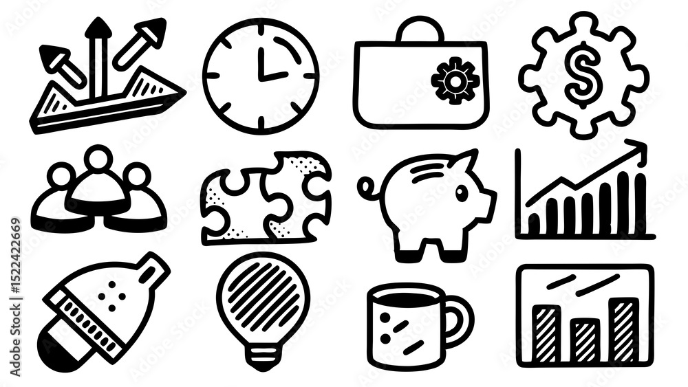 Aufkleber set of hand drawn business and finance icons representing various concepts and ideas in a simple bla