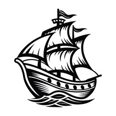 Isolated Black and White Outline of a Classic Sailing Ship on White Background