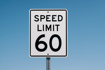 High-resolution image of a Speed Limit 60 road sign on a clear blue sky background. Simple and bold visual message.