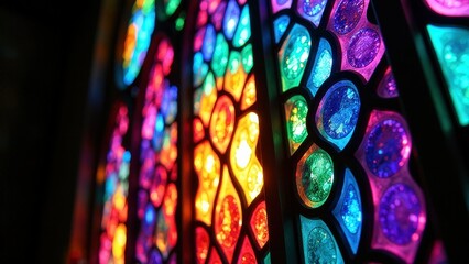 Colorful stained glass window with a rainbow of colors. The window is lit up
