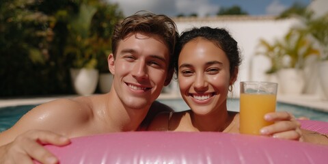 Young couple relaxing in pool with refreshing drink on a sunny day