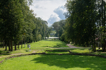 A fragment of the wall of the Music pavilion at the Barsky Ponds in the Khrapovitsky estate in the village of Muromtsevo, Sudogodsky district, Vladimir region, Russia