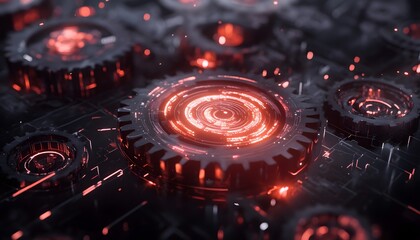 Interconnected gears with glowing circuits.