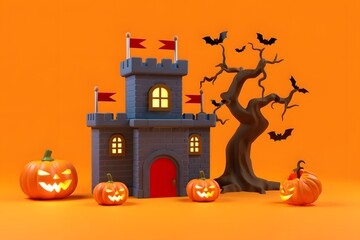 3d render of a spooky halloween scene with a castle pumpkins and bats on orange background