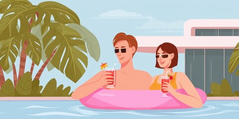 Young couple relaxing in pool with tropical drinks and sunglasses