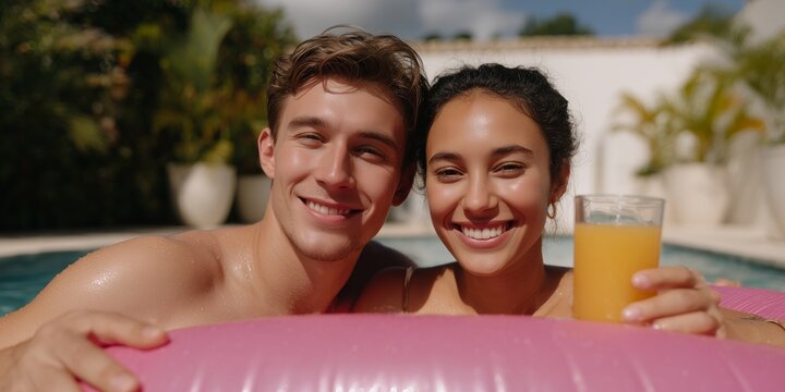 Young couple relaxing in pool with refreshing drink on a sunny day