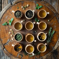 Flat Lay of Organic Herbal Teas in Wooden Cups on Rustic Table with Peppermint, Chamomile, and Rosemary