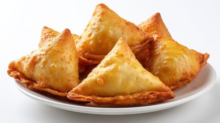 A High Resolution image of indian special traditional street food punjabi samosa in plate on white background.