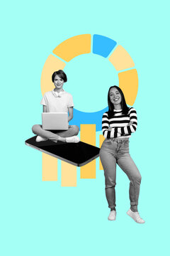 Fototapeta Exclusive creative collage of two happy business girl guy stand chart development statistics diagram phone freelance laptop
