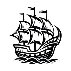 Monochrome Tall Sailing Ship Silhouette Detailed Design Isolated on White Background