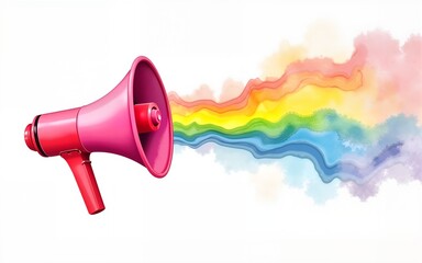 Colorful rainbow stream flowing from a pink megaphone in expressive watercolor style, ideal for pride visuals and messaging.vector. High quality