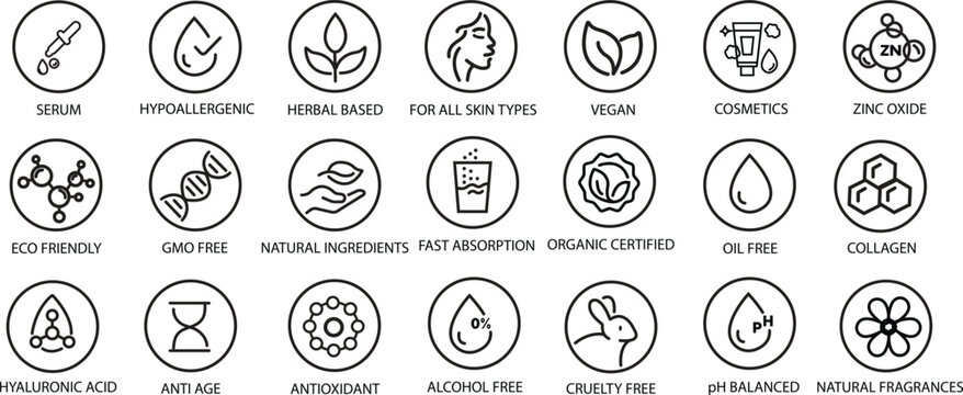 Organic, natural, vegan, cruelty free, collagen, anti age, antioxidant cosmetic editable stroke outline icons set isolated on white background flat vector illustration. Pixel perfect. 64 x 64.