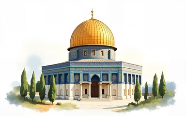 Fototapeta premium Watercolor illustration of a grand golden domed architectural structure. High quality