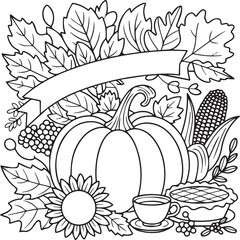 Thanksgiving Pumpkin Harvest with Pie and Coffee – Fall Coloring Page Vector, Autumn Harvest Scene with Pumpkin and Coffee, Thanksgiving Pumpkin and Pie Coloring Page, Fall Season Coloring Sheet