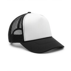Fototapeta premium Isolated black and white trucker hat with mesh back on a white background