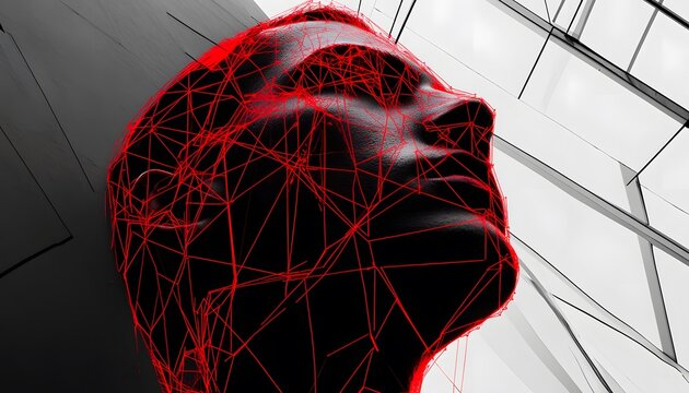 A sculpted head, rendered in dark tones with a network of red lines. - Powered by Adobe