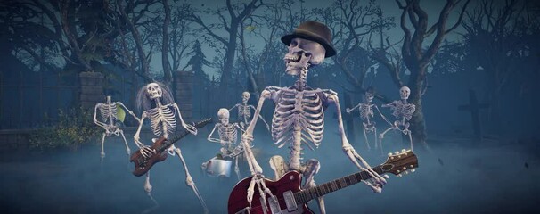 Halloween party: spooky music band playing rock in scary gothic cemetery. Funny skeletons dancing, playing guitars and drums.
Animated video for greeting cards, invitations, posters, events, parties. - Powered by Adobe