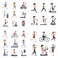 Flat fitness and cardio exercise vector showing people running, cycling, and using gym equipment—great for health apps, workout plans, and fitness campaigns.


