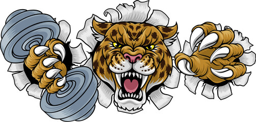 A jaguar, panther, leopard or cheetah wildcat spotted cat weight lifting dumbbell gym sports mascot