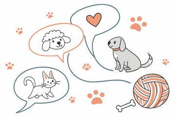 Adorable cartoon animals including a cat a dog and a sheep with paw prints and thought bubbles illustration