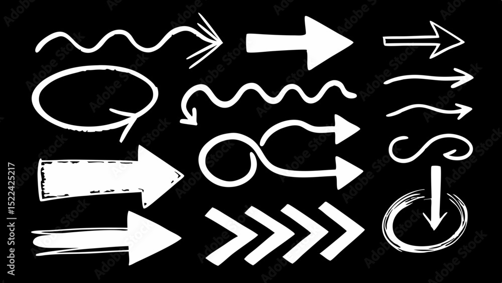 Poster collection of various arrow silhouette designs with white sketch style on a transparent background r