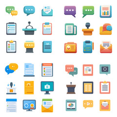 Public speaking and document communication icon set with podiums, messages, emails, charts, and files. Great for media, business, and content strategy visuals.

