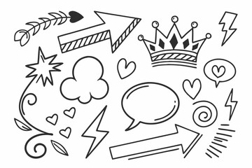 Fototapeta premium Doodle art collection with arrows hearts crown speech bubbles lightning starburst and decorative floral elements