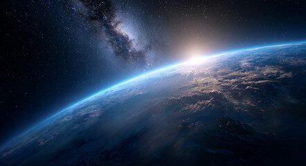 Fototapeta premium Earth glows serenely from space, wide shot of beauty and wonder