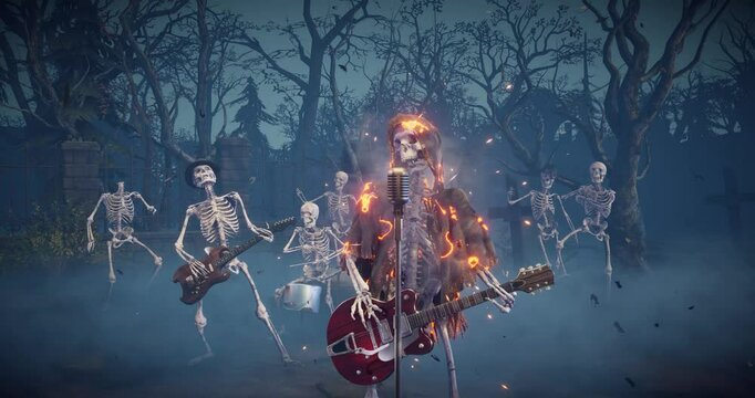 Halloween party: creepy skeleton band playing rock. Scary skeleton in burning robe playing guitar.
Animated video for greeting cards, invitations, posters, events, parties.