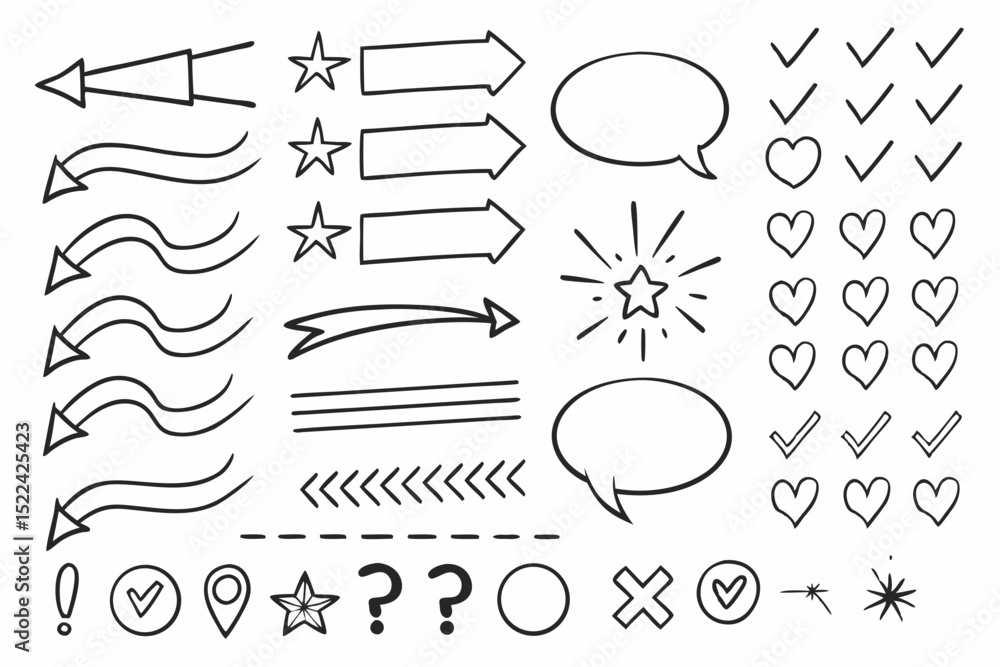Poster hand drawn vector elements collection featuring arrows hearts checkmarks and speech bubbles ideal fo