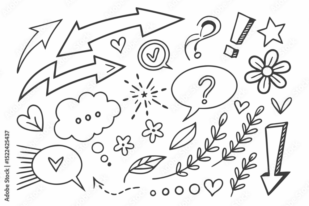 Poster hand-drawn doodle elements vector set featuring arrows question marks hearts and floral design eleme
