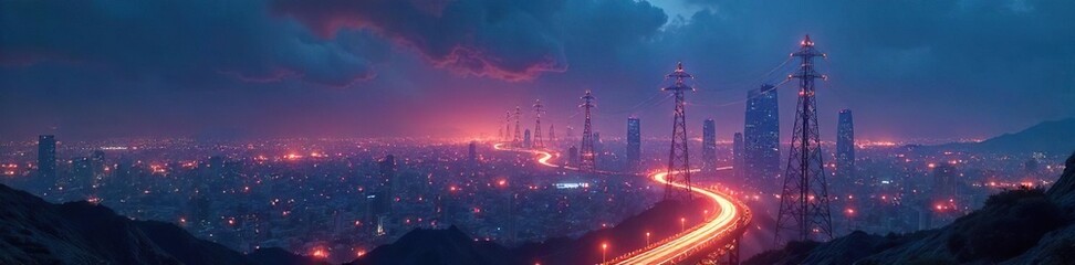 Fototapeta premium Futuristic cityscape at night, glowing energy towers reaching for the sky, representing sustainable and advanced power sources of tomorrow , global, clean, landscape