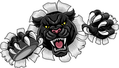 Black panther leopard or jaguar cat hockey sports team mascot holding an ice hockey puck © Christos Georghiou