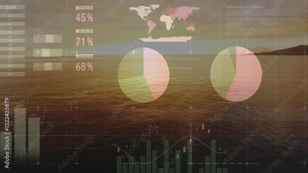 Poster sunset sea initiating translucent financial overlay animating data charts and maps visualizing data