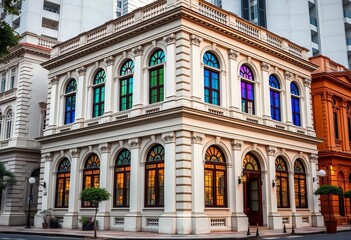 Fototapeta premium Neoclassical Hill Street Police Station, Singapore Colorful windows, historic architecture, historical site, government building