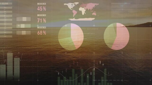 Sunset sea initiating translucent financial overlay animating data charts and maps visualizing data
