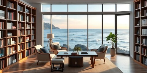 Ocean view bookshelf backdrop, contemporary study Ideal for virtual meetings, retirement home office, relaxing, sea