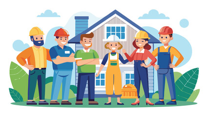 Diverse Team of Home Construction Workers Posing in Front of a TwoStory House