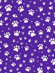Fototapeta premium Backdrop with silhouettes of cat or dog footprint Vector purple illustration animal paw track pattern Paw print seamless