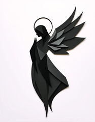Elegant abstract illustration of a dark angel in minimalist paper-cut style. The silhouette with wings and halo on a light background evokes mystery, spirituality, and modern art aesthetics