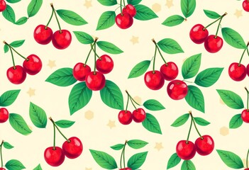 Pastel beige background with seamless vector pattern of cherry, emerald leaves & geometric shapes,  minimalist,  beige