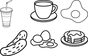 Hand Drawn Breakfast Doodle Icons – Coffee, Pancakes, Eggs, Pickles & Juice Cup