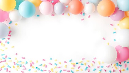 Pastel balloons & paper confetti border on white background Festive craft party decoration frame,  pastel colors,  craft