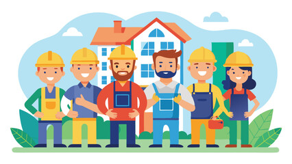 Cartoon Construction Workers and Contractor Team Smiling with a House Vector Graphic Illustration