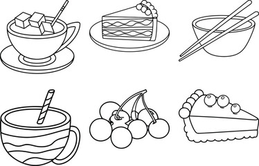 Hand Drawn Dessert and Drink Doodle Icons – Cake, Tea, Cherries, Bowl & Cup