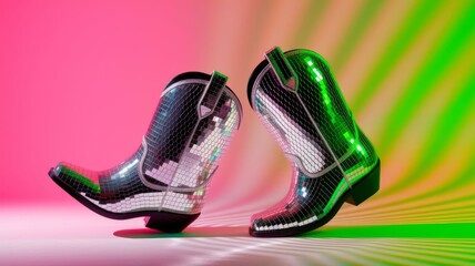 Cowboy boots and disco ball. Vibrant pop culture, modern Y2K aesthetics, glam western.