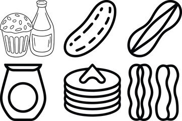 Hand Drawn Food Doodle Icons – Muffin, Pancakes, Pickle, Syrup, Bottle and Snacks